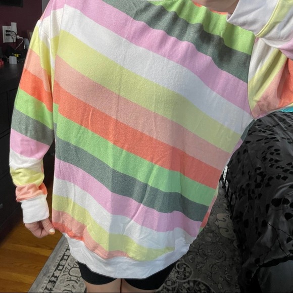 WILDFOX Road Trip Striped Vintage Varsity Fabric Long Sleeve Sweater Rainbow - Picture 7 of 11